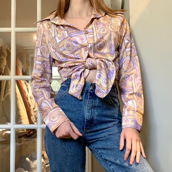 Vintage 1970s Disco Button Down Satin Blouse - Picture 2 of 4